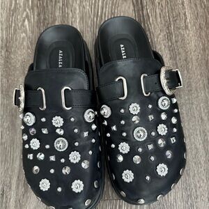 Azalea Black Studded Buckle Clog Mules